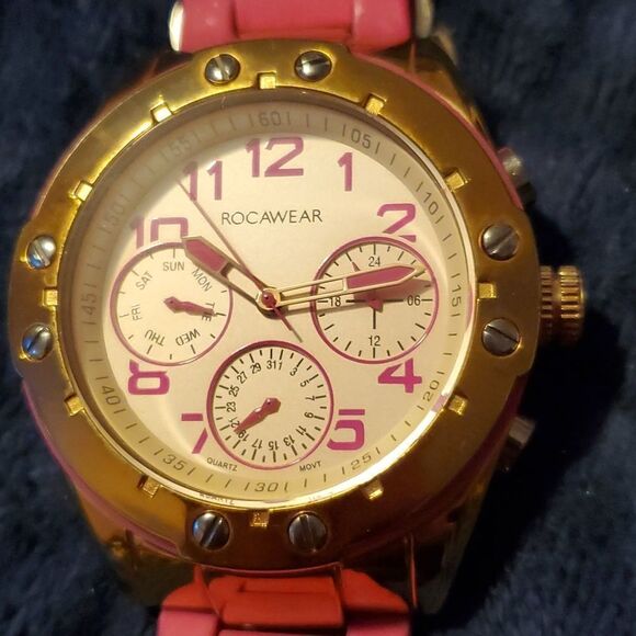 Rocawear Women's RL0129‎ Large Pink & Gold 3 Multifunction Enamel Bezel Watch - Picture 6 of 10